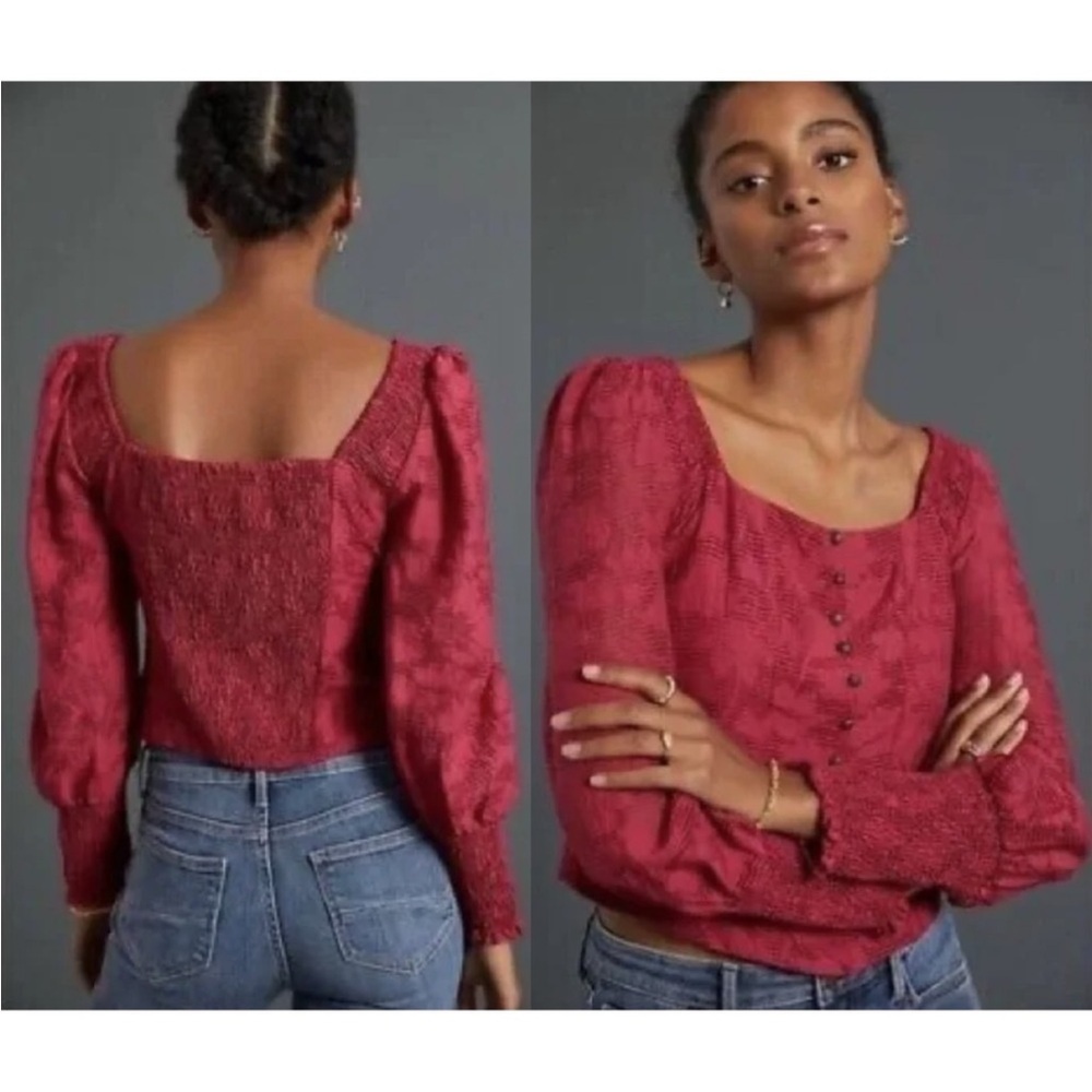 Anthropologie Pink Floral Ruffle Blouse Smocked Puff Sleeve Sz XS Cottagecore